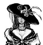  adapted_costume bad_id bad_pixiv_id breasts cleavage greyscale hat kouzilow large_breasts lowres monochrome nagae_iku solo touhou veil 