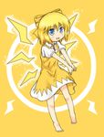  1girl alternate_element barefoot blonde_hair blue_eyes bow cirno electricity hair_bow haty ikazu_cirno short_hair solo touhou wings yellow yellow_wings 