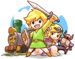  1girl armor blonde_hair blue_eyes ground_vehicle holding holding_sword holding_weapon left-handed link locomotive long_hair lowres pointy_ears ponky princess_zelda shield smile steam_locomotive sword the_legend_of_zelda tiara toon_link train weapon 