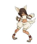  1girl animal_ears animal_tail anklet bandage bandages bare_shoulders brown_eyes brown_hair claws dark-skinned_female dark_skin dark_skinned_female female final_fantasy final_fantasy_tactics full_body jewelry midriff pants paws rapha_galthena short_hair simple_background solo tail tun white_background wolf_ears wolf_tail 