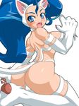  animal_ears ankoku_inu_shougun arched_back ass big_hair blue_eyes blue_hair blush breasts cat_ears cat_tail fangs felicia from_behind fur hairband large_breasts long_hair open_mouth slit_pupils solo standing standing_on_one_leg tail thighhighs tongue vampire_(game) 