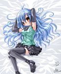  ahoge blue_hair blush copyright_request elbow_gloves emperpep gloves long_hair skirt solo thighhighs traditional_media watercolor_(medium) yellow_eyes 