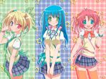  blonde_hair blue_hair heterochromia horii_kumi matsutou_aoi midori_hilde_ijichi mr_color multiple_girls red_hair school_uniform skindentation star thighhighs yuunagi_akane 