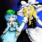  bad_id bad_pixiv_id blonde_hair kawashiro_nitori kirisame_marisa multiple_girls oota_jun'ya_(style) parody style_parody tntn touhou two_side_up 