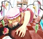  all_fours blonde_hair cake checkered checkered_floor flandre_scarlet food foreshortening hands hat kouzilow pastry red_eyes solo touhou vampire vanishing_point wings 