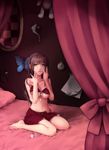  bad_id bad_pixiv_id barefoot bed bra brown_eyes brown_hair bug butterfly feet hands insect legs lingerie lips long_hair original solo strap_slip underwear yu_(lovepayon) 