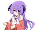  blush detached_sleeves hanyuu highres higurashi_no_naku_koro_ni horns japanese_clothes miko nemu_(nebusokugimi) purple_eyes purple_hair solo 