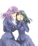  black_hair blazer closed_eyes happy highres holding_hands jacket kajiki_yumi kapiko multiple_girls open_mouth pleated_skirt purple_hair saki school_uniform short_hair skirt smile touyoko_momoko tsuruga_school_uniform 