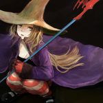  bad_id bad_pixiv_id black_mage black_mage_(fft) blonde_hair blue_eyes breasts cleavage coat final_fantasy final_fantasy_tactics hat kno_(anahita) long_hair medium_breasts rod sitting solo striped striped_legwear thighhighs witch_hat 