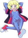  1girl blond_hair blonde_hair bodysuit female frontier_brain full_body kogomi_(pokemon) latex lying on_back pokemon shoes sneakers solo spandex white_background 