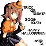  2009 amami_haruka blush breasts brown_hair cleavage dated food_themed_hair_ornament green_eyes hair_ornament hair_ribbon halloween happy_halloween hat idolmaster idolmaster_(classic) medium_breasts pumpkin_hair_ornament ribbon sentetsu short_hair skirt solo trick_or_treat 