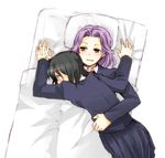  bed black_hair blush holding_hands hug kajiki_yumi kusugaya multiple_girls pillow purple_hair red_eyes saki school_uniform short_hair skirt touyoko_momoko tsuruga_school_uniform yuri 