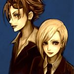  1boy 1girl couple earrings elena_(ff7) female final_fantasy final_fantasy_vii formal goggles green_eyes jewelry male necktie reno short_hair suit takewaka turks 