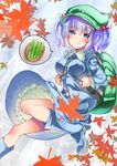  backpack bag blue_eyes blue_hair boots breasts covered_nipples cucumber hair_bobbles hair_ornament hat impossible_clothes impossible_shirt kawashiro_nitori key large_breasts leaf maple_leaf rubber_boots shirt short_hair smile solo tamon_ketsuyuki touhou twintails two_side_up water waterfall 