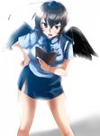  bad_id bad_pixiv_id black_hair black_wings book hand_on_hip hat looking_down open_mouth pencil_skirt police police_uniform policewoman ryouma_(galley) shameimaru_aya short_hair skirt solo talking tokin_hat touhou uneven_eyes uniform wings 