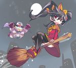  1girl alternate_costume ario ashley_(warioware) black_hair broom broom_riding brown_hair building cape dress facial_hair flying gloves grin looking_back mask moon mustache night nose red_eyes sidesaddle skin_tight smile star thighhighs twintails wario wario-man warioware 