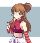  bad_id bad_pixiv_id brown_hair clothes_around_waist detached_sleeves digital_media_player earbuds earphones glasses green_eyes halter_top halterneck idolmaster idolmaster_dearly_stars ipod jewelry long_hair midriff necklace onion_(lemlaml) sakurai_yumeko side_ponytail solo sweater sweater_around_waist 