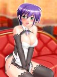  bare_shoulders blush breasts bubble cleavage cosplay detached_sleeves dream_c_club dream_c_club_(series) drunk green_eyes hakkai large_breasts lyrical_nanoha mahou_shoujo_lyrical_nanoha_strikers purple_hair rui_(dream_c_club) rui_(dream_c_club)_(cosplay) short_hair solo subaru_nakajima thighhighs waitress 