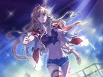  blonde_hair blue_eyes denim denim_shorts kunimoto_ori long_hair macross macross_frontier macross_frontier:_itsuwari_no_utahime microphone midriff sheryl_nome short_shorts shorts solo 