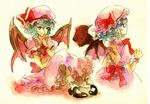  bare_back bat_wings blue_hair dress hand_to_own_mouth hat mary_janes red_eyes remilia_scarlet ribbon shinoasa shoes short_hair smile solo touhou traditional_media watercolor_(medium) wings 
