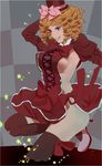  bad_id bad_pixiv_id blonde_hair blue_eyes bow breasts dress drill_hair frills gaap grin hat highres large_breasts mini_hat mini_top_hat pink_bow red_dress ribbon sideboob smile solo thighhighs top_hat umineko_no_naku_koro_ni umishima_senbon 