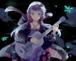  1girl animal_hood bunny_hood commentary criss-cross_halter dress guitar hair_ornament halterneck highres holding holding_instrument hood hood_down instrument jacket lobelia_(saclia) long_sleeves low_twintails music open_clothes open_jacket playing_instrument purple_dress purple_eyes purple_hair smile solo twintails vocaloid voiceroid yuzuki_yukari 