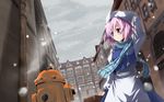  blue_scarf contemporary fire_hydrant gochou_(atemonai_heya) hat highres lavender_hair letty_whiterock plaid plaid_scarf purple_eyes scarf short_hair snow solo touhou town wallpaper 