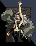  arm_up armlet armpits breasts cleavage clenched_hand contrapposto dorohedoro k_kumahachi large_breasts looking_at_viewer midriff muscle muscular_female navel no_bra no_panties noi_(dorohedoro) ripped_jeans smoke solo standing stomach vest white_hair 