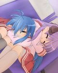  ahoge blue_hair closed_eyes dutch_angle hair_ribbon highres hiiragi_kagami izumi_konata long_hair lucky_star mio_atenako mole mole_under_eye multiple_girls open_mouth purple_hair ribbon ryouou_school_uniform school_uniform serafuku sleeping twintails 