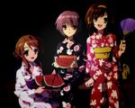 asahina_mikuru fan food fruit japanese_clothes kimono multiple_girls nagato_yuki nishiya_futoshi paper_fan suzumiya_haruhi suzumiya_haruhi_no_yuuutsu uchiwa wallpaper watermelon yukata 