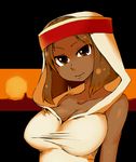  1girl bare_shoulders big_breasts breasts brown_eyes brown_hair cleavage dark-skinned_female dark_skin dark_skinned_female female final_fantasy final_fantasy_tactics headband hood large_breasts narutaki_(kurokabe) outdoors rapha_galthena short_hair sky solo 