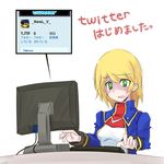  blazblue blonde_hair computer green_eyes lonely morokoshi necktie noel_vermillion short_hair solo tears translated twitter 