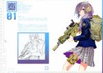  absurdres assault_rifle backpack bag blue_eyes eotech fn_scar fuyuno_haruaki gun headphones highres jacket md5_mismatch military_operator original plaid plaid_skirt purple_hair qr_code rifle scarf short_hair skirt solo suppressor techno_fuyuno thigh_strap trigger_discipline weapon 