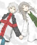  1girl androgynous bad_id bad_pixiv_id brown_hair coat gilgamesh_(anime) grey_eyes holding_hands kinako_miruku long_hair madoka_kyoko madoka_tatsuya short_hair siblings snow white white_hair winter 