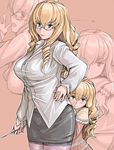  bespectacled blonde_hair blush breasts drill_hair dual_persona glasses green_eyes hairband hand_on_hip hina_ichigo large_breasts multiple_girls older pencil_skirt pointer rozen_maiden siblings sisters skirt teacher thighhighs tsuda_nanafushi zoom_layer 