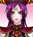  braid da_ji earrings female gradient gradient_background hat jewelry long_hair lowres musou_orochi peach-usa purple_hair purple_skin red_eyes solo 