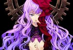  blue_eyes breasts cleavage eyeshadow gears hair_ornament jewelry lipstick long_hair macross macross_frontier macross_frontier:_itsuwari_no_utahime makeup md5_mismatch medium_breasts mouth_hold necklace osamu_(jagabata) purple_hair ribbon sheryl_nome solo 