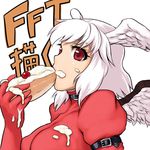  bad_id bad_pixiv_id belt black_belt eating final_fantasy final_fantasy_tactics food head_wings messy red_eyes sexually_suggestive short_hair solo tsukudani_(coke-buta) ultima_(fft) white_hair wings 