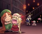  &gt;_&lt; bad_id bad_pixiv_id blonde_hair book chibi closed_eyes fangs fire flandre_scarlet hat head_wings hong_meiling izayoi_sakuya jimaken koakuma multiple_girls red_hair remilia_scarlet scolding side_ponytail tears touhou 