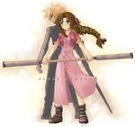  1boy 1girl aerith_gainsborough blonde_hair blue_eyes boots braid brown_hair cloud_strife couple dress female final_fantasy final_fantasy_vii jacket kamatahi long_hair male short_hair spiked_hair spiky_hair staff very_long_hair 