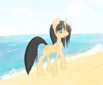  2012 beach black_fur black_hair blossomfall blue_eyes blush brown_fur cloud equine fan_character female feral fur hair hi_res hooves horn larkdraws long_hair looking_at_viewer mammal my_little_pony nude open_mouth outside raised_leg sand seaside sky smile solo tongue unicorn water wet 