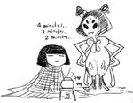  ambiguous_gender anthro arachnid arthropod black_and_white black_eyes black_hair cooking cornhime duo english_text eyes_closed fangs female hair hair_bow human mammal monochrome monster muffet multi_limb multiple_eyes protagonist_(undertale) spider spider_web standing text undertale 