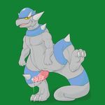  2015 animal_genitalia claws cum cum_on_penis cum_string erection feral genital_slit green_background kairyu211 looking_at_viewer male muscular nintendo on_one_leg penis pok&eacute;mon raised_leg rampardos scalie simple_background slit smile solo standing thick_penis video_games yellow_sclera 