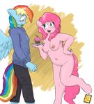  2013 anthro anthrofied areola blue_skin blush breasts chubby clothed clothing cupcake duo equine female female/female food friendship_is_magic hair hoodie hooves horse mammal multicolored_hair my_little_pony navel nipples nude open_mouth pants pink_hair pink_skin pinkie_pie_(mlp) pony rainbow_dash_(mlp) rainbow_hair simple_background smile teeth the-minuscule-task tongue white_background wings 