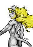  2010 anthro beard blonde_hair butt english_text facial_hair feline fur green_hair grey_fur hair lion long_hair male mammal muscular nightfaux nude pink_nose purple_eyes rear_view simple_background solo text white_background 