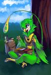  2015 ambiguous_gender anthro avian beak blue_eyes clothed clothing feathered_wings feathers food green_feathers nevrean open_mouth outside quzue sitting solo talons tree winged_arms wings zerolativity 