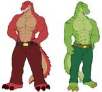  3_toes abs big_muscles claws clothed clothing dinosaur duo grin half-dressed male muscular pants ryuukikeito scalie standing toe_claws toes topless tyrannosaurus_rex 