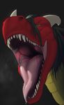  2015 black_background black_hair close-up dragon dripping drooling evalion feral green_eyes hair horn looking_at_viewer male open_mouth red_scales reptile saliva saliva_string scales scalie sharp_teeth simple_background snout solo teeth tongue tongue_out western_dragon yellow_scales 