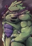  abs anthro biceps green_scales hand_on_hip hands_on_hips horn looking_at_viewer male muscular nintendo nude pecs pok&eacute;mon purple_scales scales sharp_claws simple_background solo spikes tyranitar video_games waddledox 