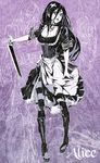  1girl alice:_madness_returns alice_in_wonderland alice_liddell american_mcgee&#039;s_alice american_mcgee's_alice apron black_hair blood boots breasts choker cleavage full_body knife long_hair maeshima_shigeki striped_legwear thighhighs 
